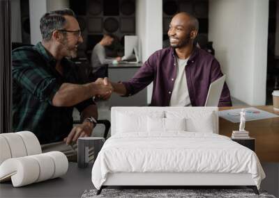 Two smiling diverse businessmen shaking hands in an office Wall mural