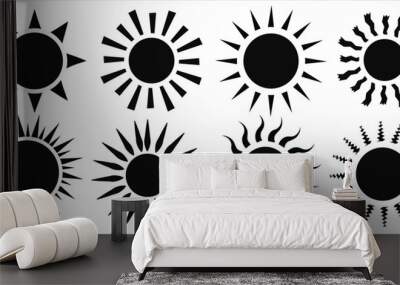 Sun icon element vector collection. Hand drawn black brush strokes, circles and rays. Loose black shapes isolated on white background. Sunlight painted with brush. sun set icon vector illustration, Wall mural