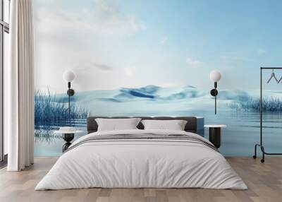 3d render of surreal landscape with round podium in the water and colorful sand. Podium, display on the background of abstract glass, mirror shapes and objects.Fantasy world, futuristic fantasy image. Wall mural