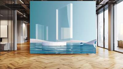 3d render of surreal landscape with round podium in the water and white sand. Podium, display on the background of abstract glass shapes and objects. Fantasy world, futuristic fantasy image.
 Wall mural