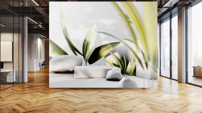 3D render podium, showcase on light white background with shadows in green tropical leaves of plants. Abstract natural,organic background for advertising products, spa body care, relaxation, health. Wall mural