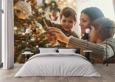 A cozy image of families decorating the Christmas tree with garlands and tinsel, getting into the festive spirit and traditions. Wall mural