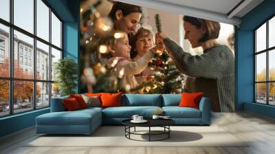 A cozy image of families decorating the Christmas tree with garlands and tinsel, getting into the festive spirit and traditions. Wall mural