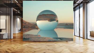 Abstract desert landscape with mirrored objects and sand dunes. Picturesque, uncluttered desert scene with creative, surreal aesthetics for advertising Wall mural