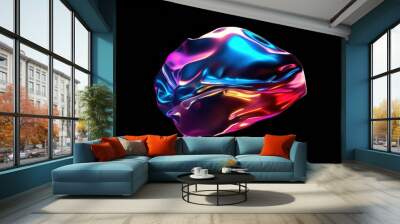 Abstract floating shape made of liquid metal. Holographic rainbow object material for graphic design. Wall mural