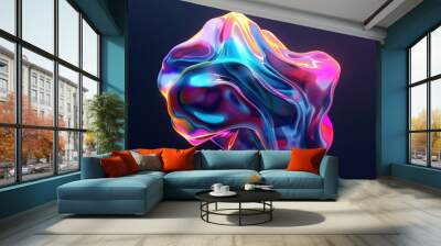 Abstract floating shape made of liquid metal. Holographic rainbow object material for graphic design. Wall mural