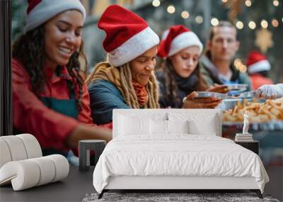 Festive Christmas photo of a joyful mixed race woman volunteering at a charity spreading holiday cheer and helping those in need at a soup kitchen. Wall mural