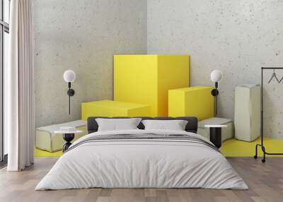 Loft-style studio with podiums, stands for advertising products, bags, shoes. Bright yellow geometric objects on gray background. Room repair, construction with bricks and concrete walls -3D render.  Wall mural