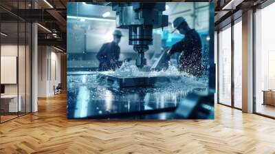 Workers programming CNC machines. Advertising background. Manufacturing processes of factories and plants. Wall mural