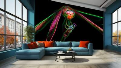 multicolored dragonfly on its perch, macro photo of this gracious and fragile predator with wide wings and big faceted eyes, nature scene, digital neon light effect, black background, Thailand Wall mural