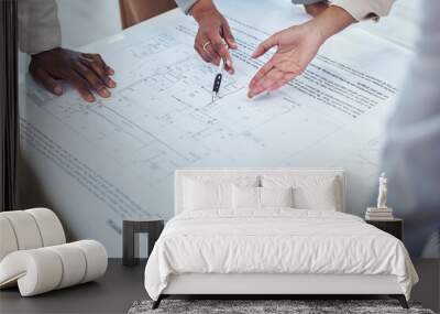 Architecture, construction team and hands with blueprint for planning, building strategy and estate project. Engineering, property development and contractors with illustration, design and floor plan Wall mural