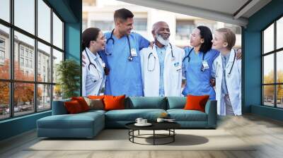 Doctor, hug and smile for healthcare collaboration, partnership, unity or trust in the city. Happy group of medical team smiling and hugging in teamwork support, nursing or medicine in solidarity Wall mural