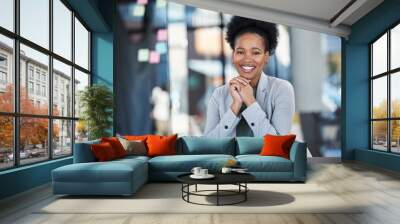 Office portrait and happy black woman for career goals, planning workflow or startup business. Face of professional employee or african corporate person with a smile for success and leadership Wall mural