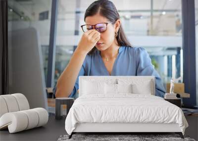 Stress headache, burnout and woman in office overwhelmed with workload at desk with laptop. Frustrated, overworked and tired woman with computer at startup, anxiety from deadline time pressure crisis Wall mural