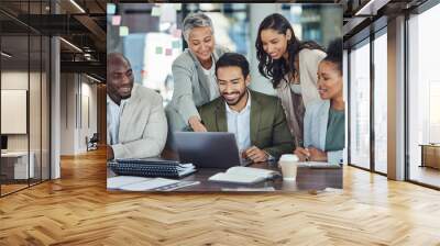 Meeting, laptop and happy business people in office for planning, marketing strategy and working together. Teamwork, diversity and group of workers with computer for report, cooperation and project Wall mural