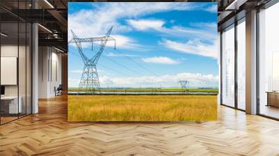 Power lines in a rural grass field. Tall steel power poles and pylons under a bright blue sky Alberta landscape. Energy supply and technology concept Wall mural