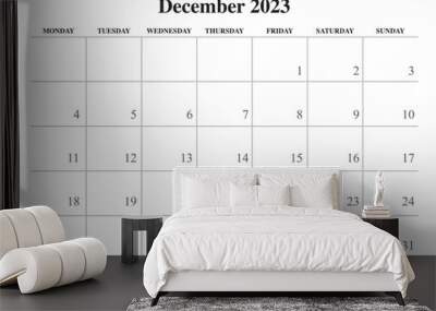 2023 December calendar simple black and white start on monday Wall mural