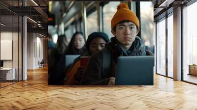 A man wearing an orange hat and a black jacket is sitting on a bus with a laptop Wall mural