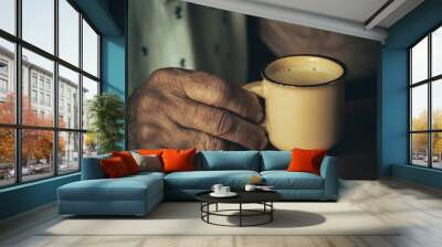 Closeup of unrecognizable aged person with wrinkles and veins holding mug of hot coffee in hand against blurred interior in light. Wall mural