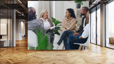 Diversity, mental health and group therapy counseling support meeting, healthy conversation and wellness. Psychology counselor, psychologist help people and talk about anxiety, depression or stress Wall mural