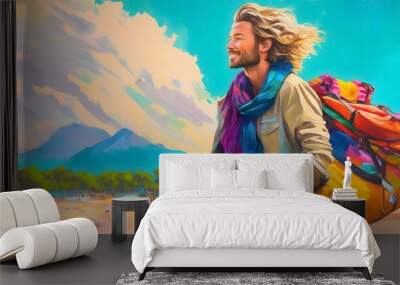 oil painting of a young adventurer enjoying nature. Attractive young man with long blond hair and backpacks on his back walking smiling. colorful Wall mural