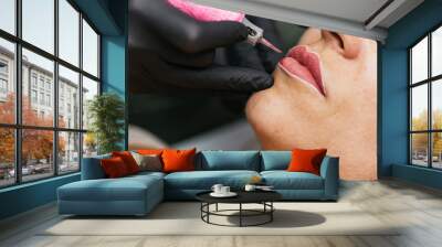 The detailed and precise professional lip micropigmentation procedure at a luxury beauty salon by a skilled beautician Wall mural