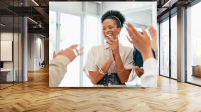 Business people, diversity and clapping in high five, teamwork or collaboration in company growth, target or global goals. Smile, happy or office applause, winner celebration or success hands gesture Wall mural