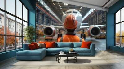 A man stands in front of a stationary airplane in a hangar, inspecting the aircraft Wall mural