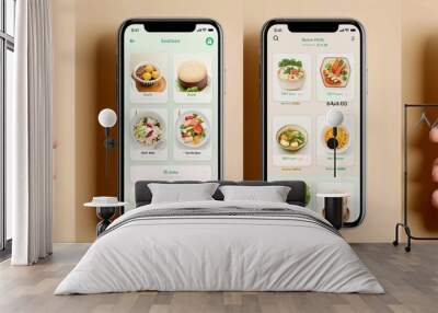 A person is holding four cell phones, each displaying a menu of food items Wall mural