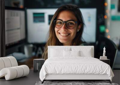 A woman is smiling and sitting at a desk with two computer monitors. She is wearing glasses and she is happy Wall mural