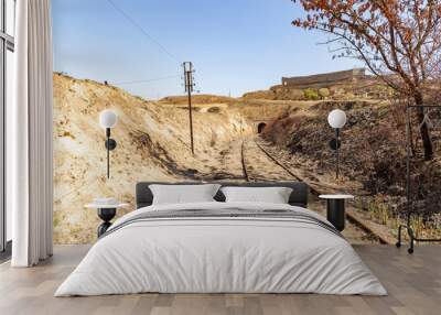 the old abandoned railway entering a dark tunnel and a view to the castle in San Esteban de Gormaz, province of Soria, Castile and Leon, Spain Wall mural