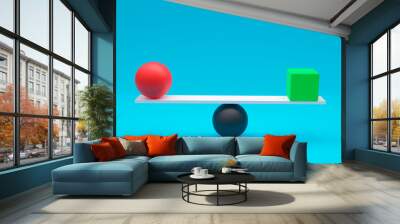 3d illustration, ball and square, balanced, balance concept, blue background 3d rendering Wall mural