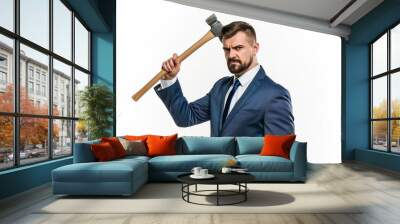 A Handsome businessman holding hammer isolated on white Wall mural