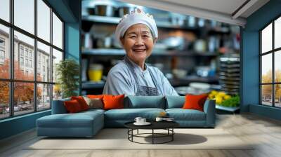 asian female chef in the kitchen standing Wall mural