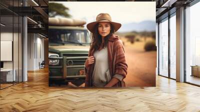 beautiful woman on a safari in Africa Wall mural