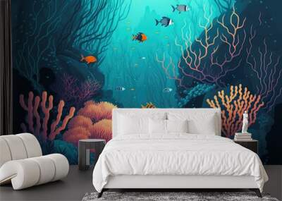 cartoon illustration, underwater scene of the seabed with corals and algae, ai generative Wall mural