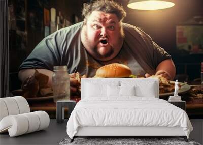 fat man eating fast food or junk food Wall mural