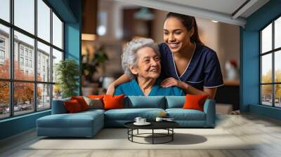 female caregiver assisting an older woman Wall mural