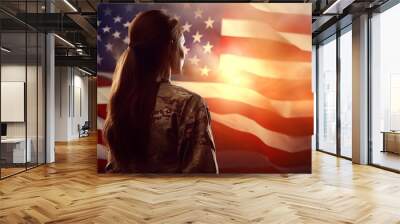 female soldier and an american flag Wall mural