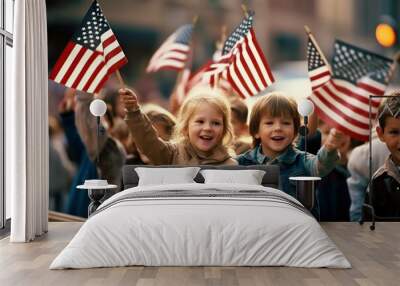 group of children waving an american flag Wall mural