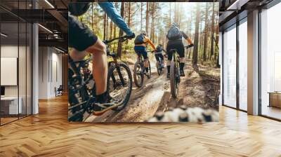 group of mountain bikers riding together Wall mural