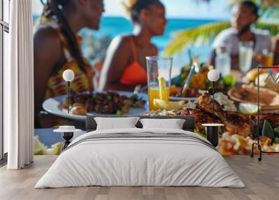 Group Of People Sitting in a Table With Plates Of Food Wall mural