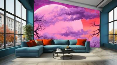 illustration, a forest with trees and purple sky, website header, generative ai Wall mural