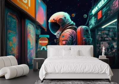 illustration, astronaut and neon lights, generative ai Wall mural