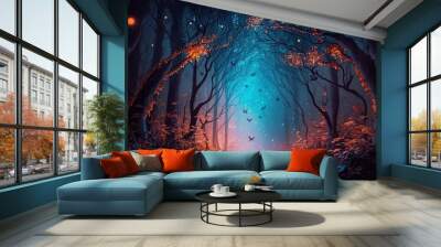 illustration, autumn forest at night, ai generative Wall mural