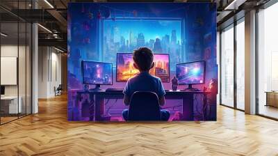 illustration, boy playing video games in the room,generative ai Wall mural