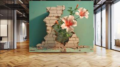 illustration, cute flowers growing through a broken wall, ai generative Wall mural