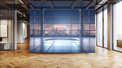 illustration, empty inside with concrete floor in night cityscape, ai generative Wall mural