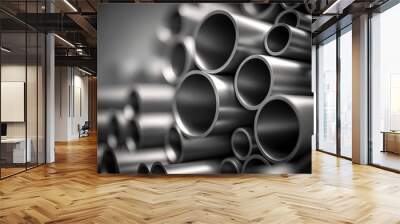 illustration, gray industrial steel pipes with blurred background, ai generative Wall mural