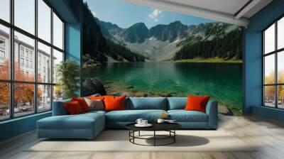 illustration, mountain and lake in tatra national park, ai generative Wall mural